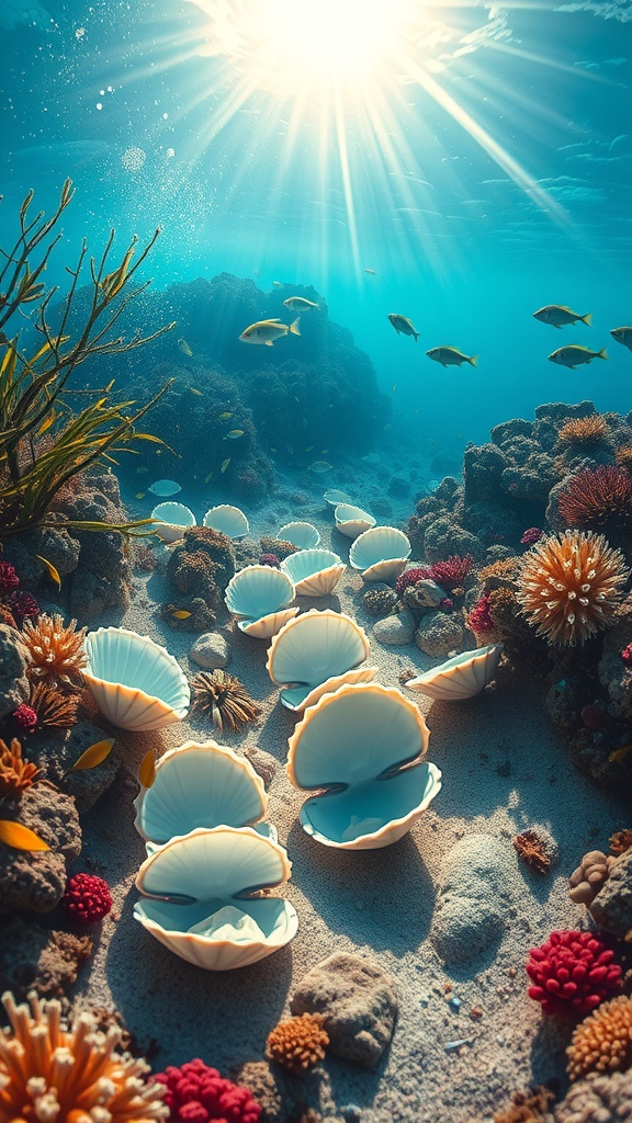 Colorful underwater scene with clams, coral, and fish in a lively marine environment.